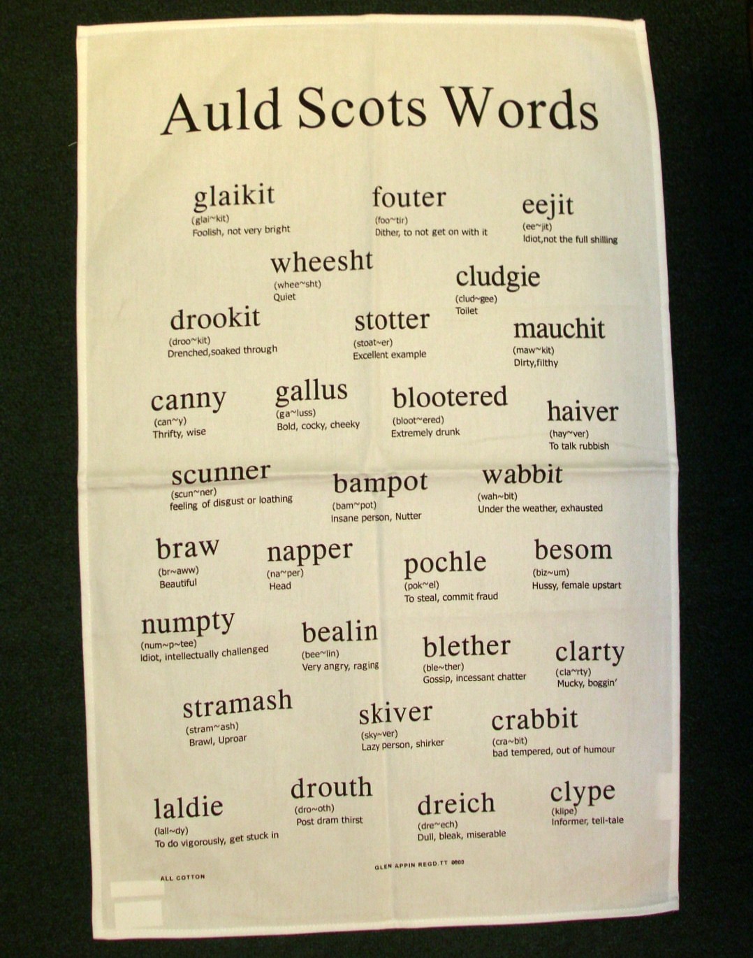 100% Cotton Tea Towel Auld Scots Words TT0800